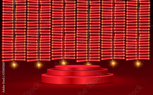 red podium with firecrackers in chinese new year