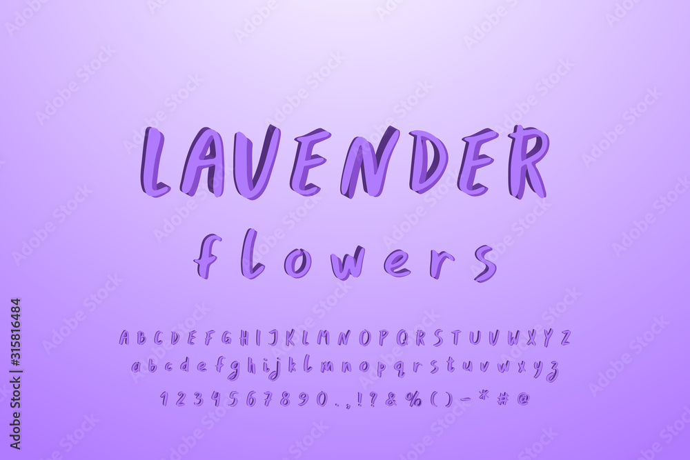 Hand drawn paintbrush alphabet. Original 3D vector font, lavender colors. Uppercase and lowercase letters, numbers, signs. Lilac-lavender gradient color background