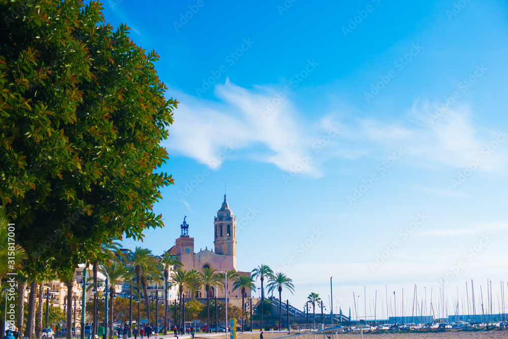 Obraz premium Spanish Beach Resort in Barcelona, Spain. Sitges area is known as a beach resort town.