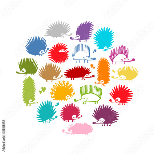 Funny hedgehog family, black silhouette for your design