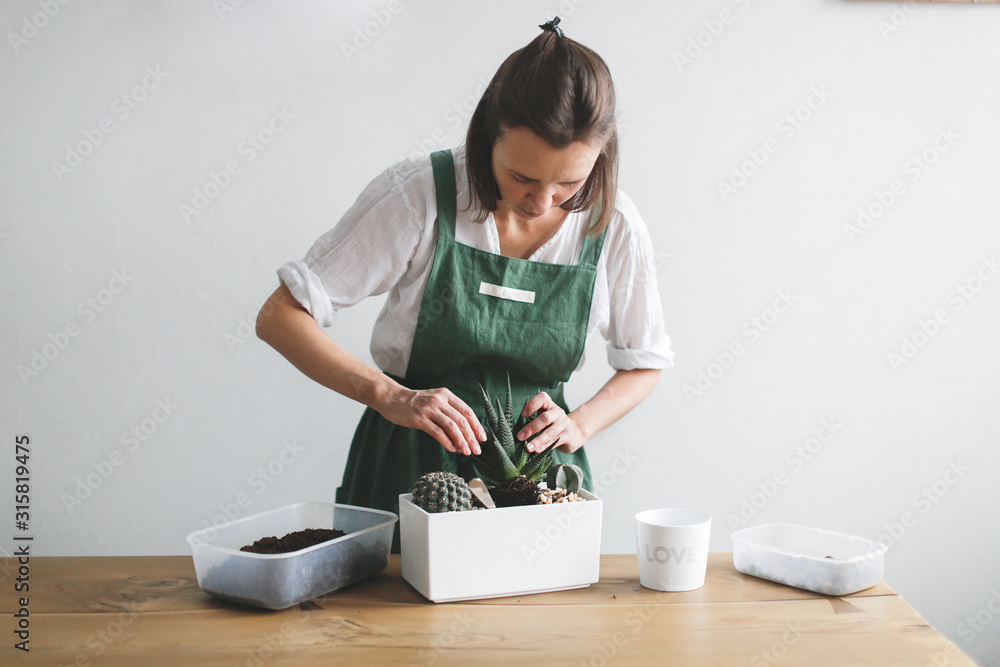Lovely woman in green apron cares for home plants Lovely woman in green apron cares for home plants