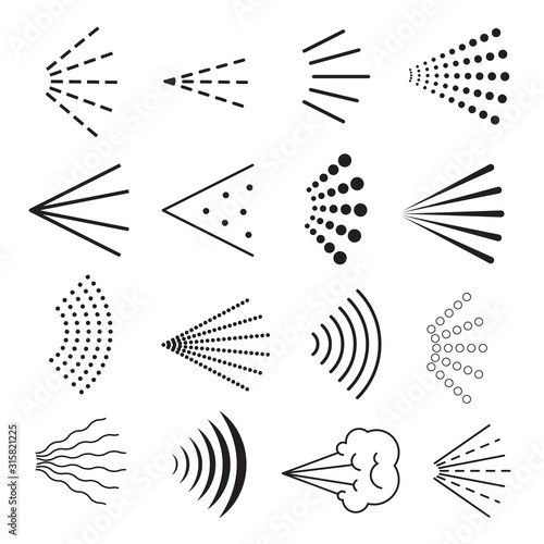 Spray icon set. Water drop hairspray symbol collection. Gas cloud.