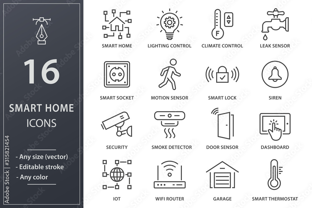 Smart home line icons set. Black vector illustration. Editable stroke. - obrazy, fototapety, plakaty 