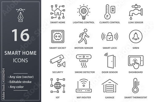 Smart home line icons set. Black vector illustration. Editable stroke. photo