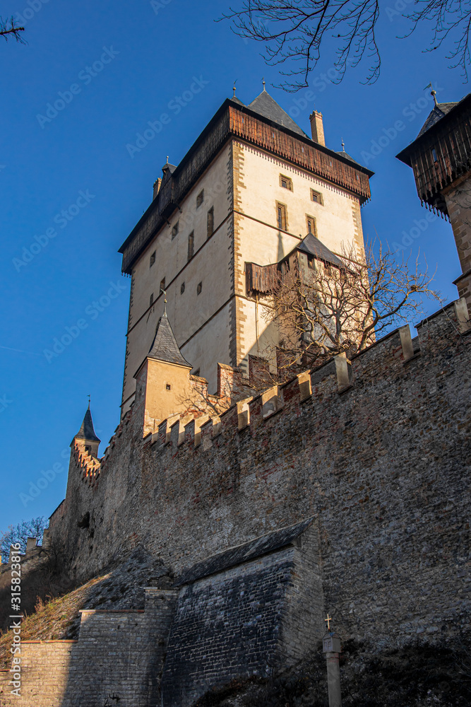 Castle wall with highest tower of Karlstejn castle