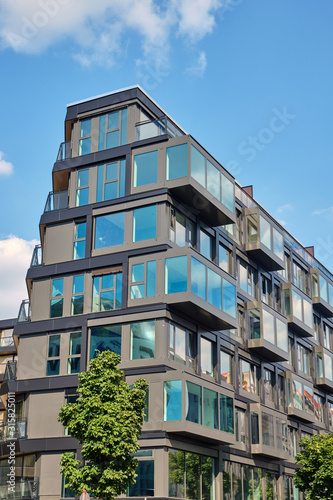 Comtemporary grey apartment house seen in Berlin, Germany