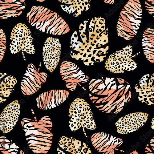 Tropical leaves painted tiger leopard skin seamless black background