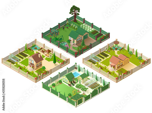 Country house and large garden. Set of 3d cottage isometric illustration