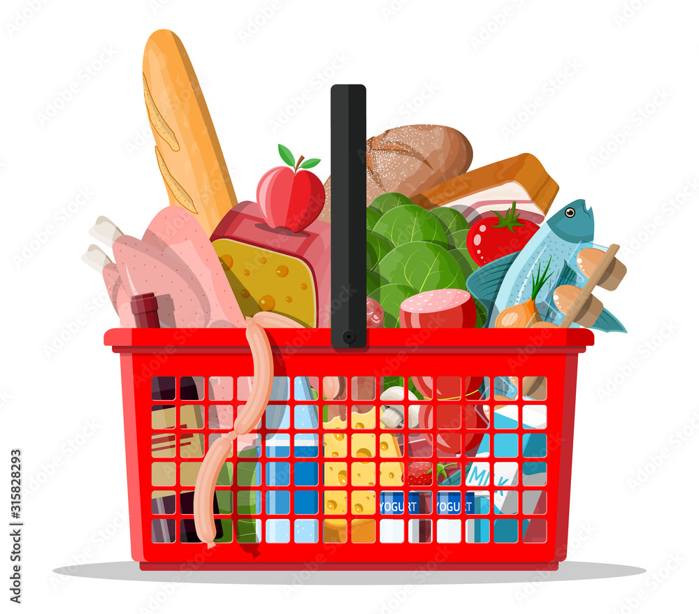 Vecteur Stock Plastic shopping basket with fresh products. Grocery store  supermarket. Food and drinks. Milk, vegetables, meat, chicken cheese,  sausages, salad, bread cereal steak egg. Vector illustration flat style |  Adobe Stock