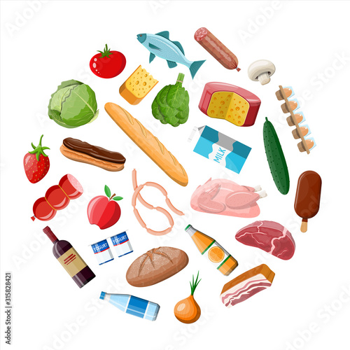 Groceries set. Grocery store collection. Supermarket. Fresh organic food and drinks. Milk, vegetables, meat, chicken cheese, sausages, wine fruits, fish cereal juice. Vector illustration flat style