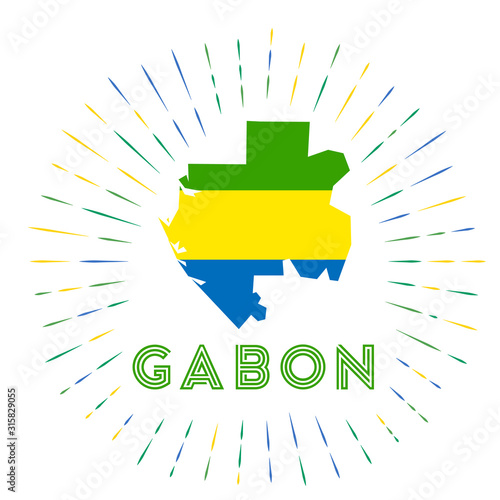 Gabon sunburst badge. The country sign with a map of Gabon with the Gabonese flag. Colorful rays around the logo. Vector illustration.