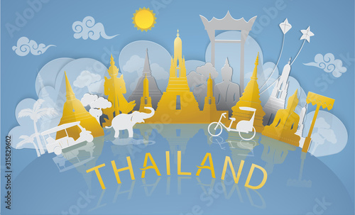 Thailand travel illustrator: famous landmarks and tourist attraction of Thailand with paper cut style