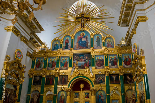 STOLOBNY iSLAND, RUSSIA - AUGUST 6, 2019: Interior of the Epiphany Cathedral. Nilo-Stolobenskaya Pustyn. Is located on Stolobny Island in Lake Seliger. Tver region, Russia photo