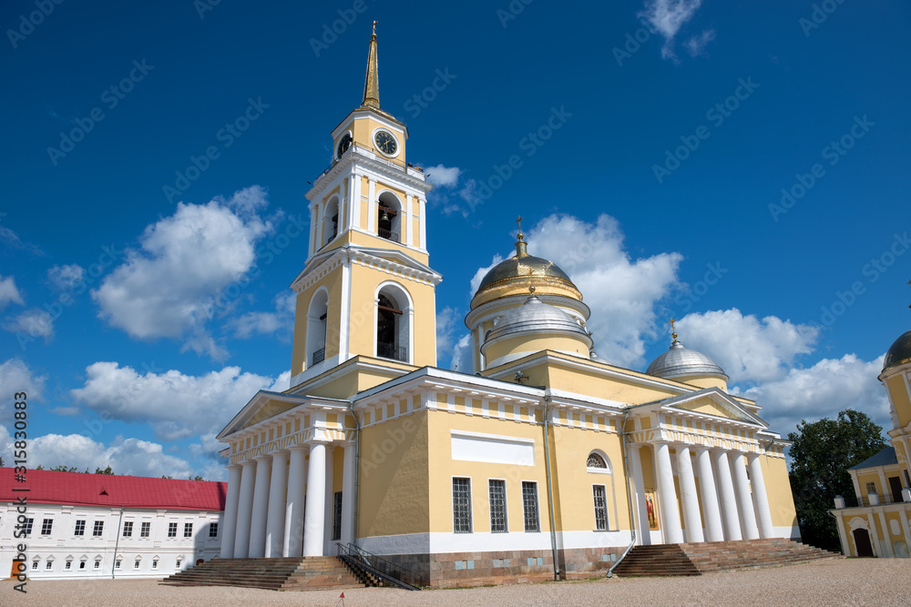 Epiphany Cathedral and bell tower. Nilo-Stolobenskaya Pustyn. Is situated on Stolobny Island in Lake Seliger. Tver region, Russia