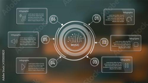 Infographic with mind map and text boxes on blurred unfocused background for business, education, technology and startup