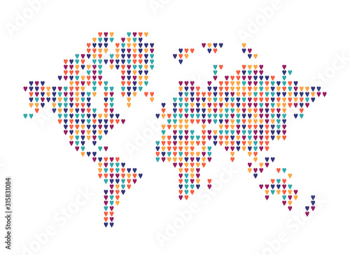 World of love, map shape, made from hearts