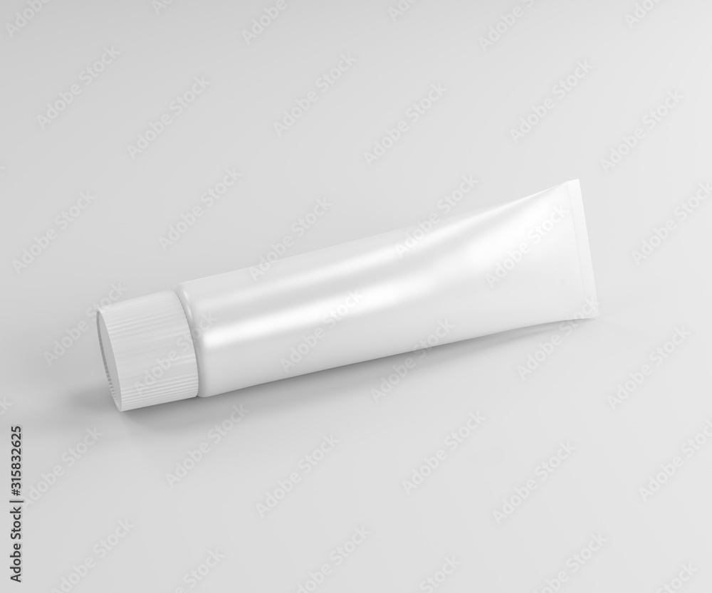 Toothpaste tube and packaging. Ointment or cream, cosmetic box mockup. 3d white cosmetic gel. 3D rendering. Toothpaste tube and packaging. Ointment or cream, cosmetic box mockup. 3d white cosmetic gel. 3D rendering.