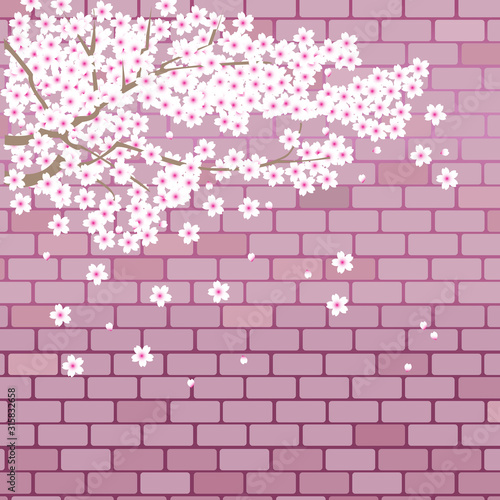桜と煉瓦壁