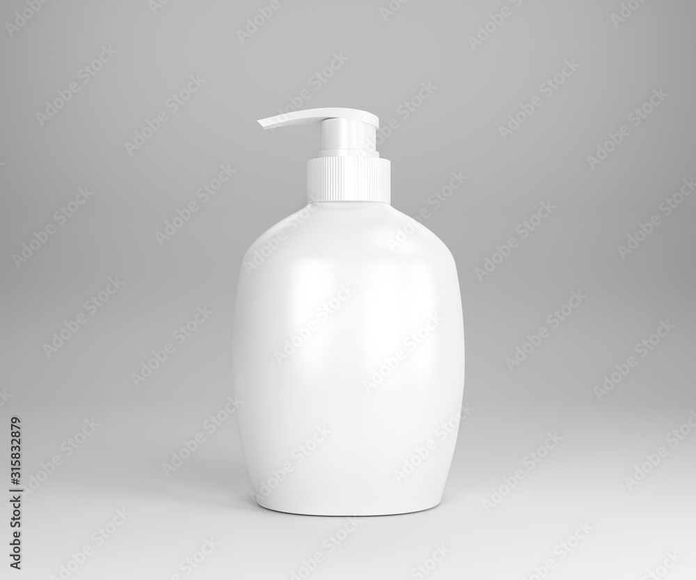 Liquid soap bottles with pump. Isolated for cleaning, cream or care product on white background. 3D renfering. 3D illustration. Liquid soap bottles with pump. Isolated for cleaning, cream or care product on white background. 3D renfering. 3D illustration.