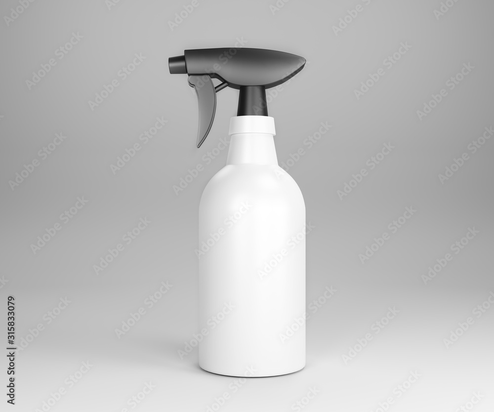 Plastic bottle can with spray pistol. Cleaner hygiene on white background. 3D rendering. 3D illustration. Plastic bottle can with spray pistol. Cleaner hygiene on white background. 3D rendering. 3D illustration.