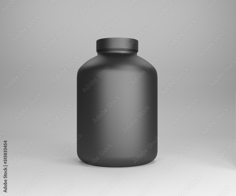 White plastic jar, can with isolated template of protein, sport powder, vitamins, pills on white background. 3D White plastic jar, can with isolated template of protein, sport powder, vitamins, pills on white background. 3D