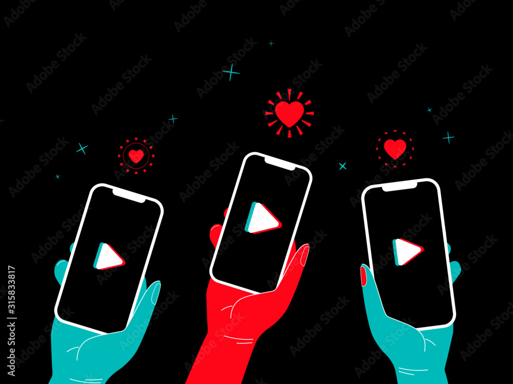 Tik tok video concept. People hand holding phone like and stars around and logo on the screen. Marketing in social media banner with glitch. Isolated vector illustration - obrazy, fototapety, plakaty 