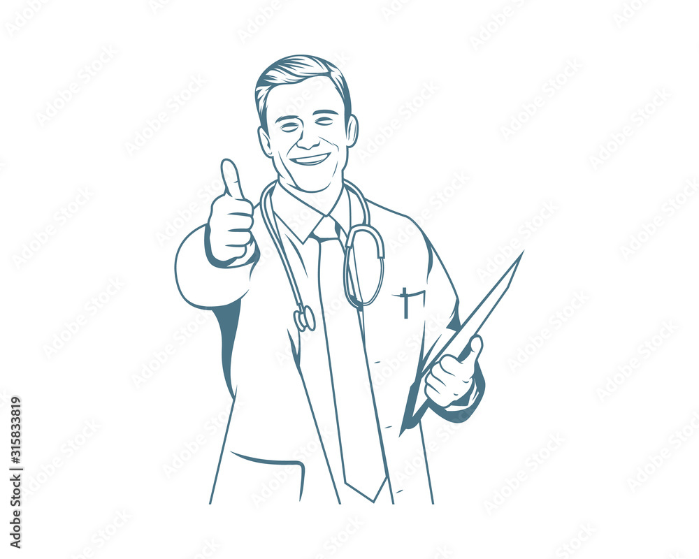 Smiling doctor with stethoscope holding clipboard and giving thumbs up - vector line art illustration. Smiling doctor with stethoscope holding clipboard and giving thumbs up - vector line art illustration.