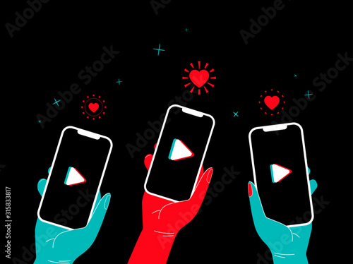 Tik tok video concept. People hand holding phone like and stars around and logo on the screen. Marketing in social media banner with glitch. Isolated vector illustration photo