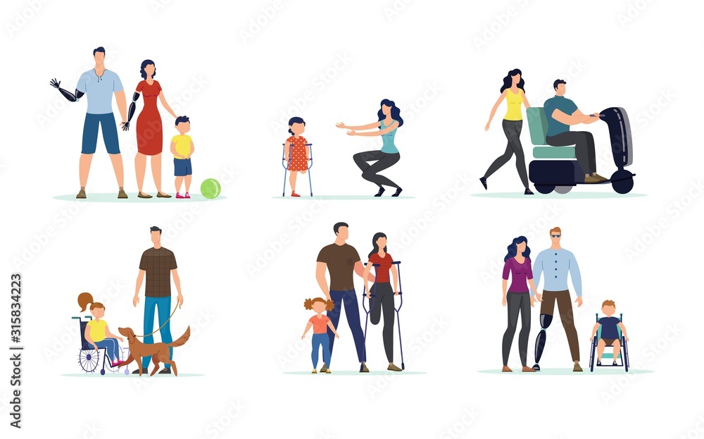 Disabled People, Children and Family Members with Disabilities Isolated, Trendy Flat Vector Characters Set . Parents with Prosthesis, Kid in Wheelchair, Paraplegic Man on Electric Scooter Illustration