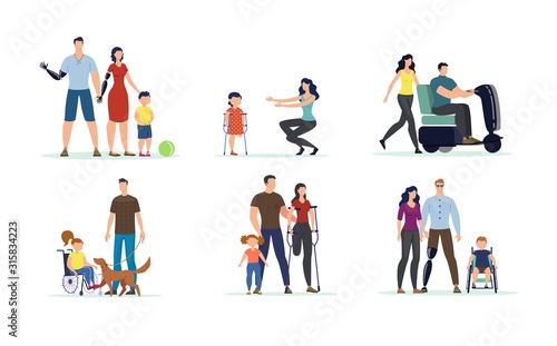 Disabled People, Children and Family Members with Disabilities Isolated, Trendy Flat Vector Characters Set . Parents with Prosthesis, Kid in Wheelchair, Paraplegic Man on Electric Scooter Illustration