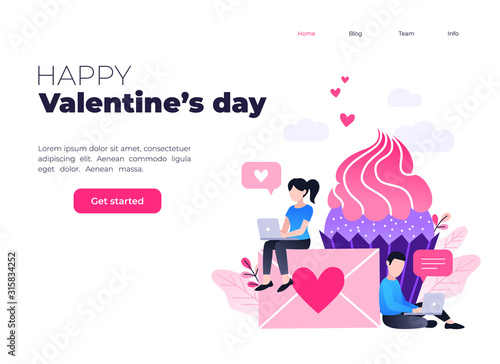 Happy Valentines day, love letter concept. Big envelope with red heart, giant cupcake and small people, romantic background, banner design © tanyabosyk