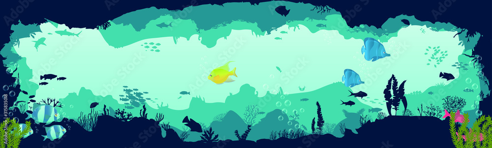 Silhouette of fish and algae on a reef background. Underwater scene of the ocean. Deep blue water, coral reef and underwater plants. beautiful underwater scene; vector landscape with a reef. 