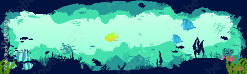 Silhouette of fish and algae on a reef background. Underwater scene of the ocean. Deep blue water, coral reef and underwater plants. beautiful underwater scene; vector landscape with a reef. 