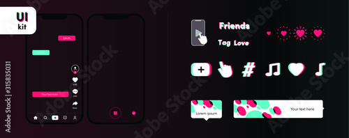 Screen with video on mobile. UI template big bundle for social media networks. Icons, logo, tutorial, animation and notification set. Mobile interface kit with glitch. Vector illustration