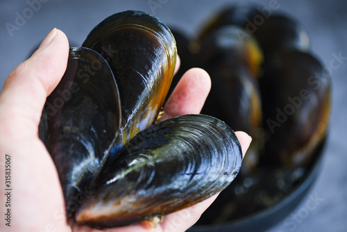 Photography Raw Mussels on hand - Fresh seafood shellfish on ice in the restaurant or for sa
