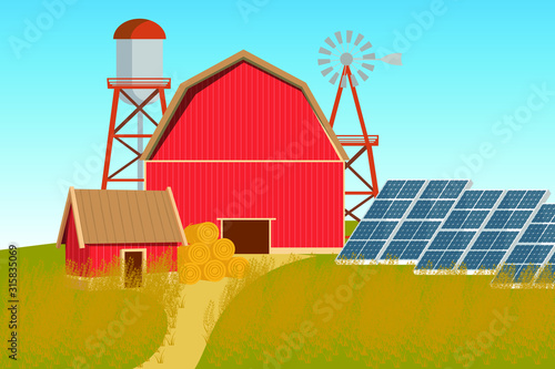 Autumn red solar-powered farm. Vector illustration