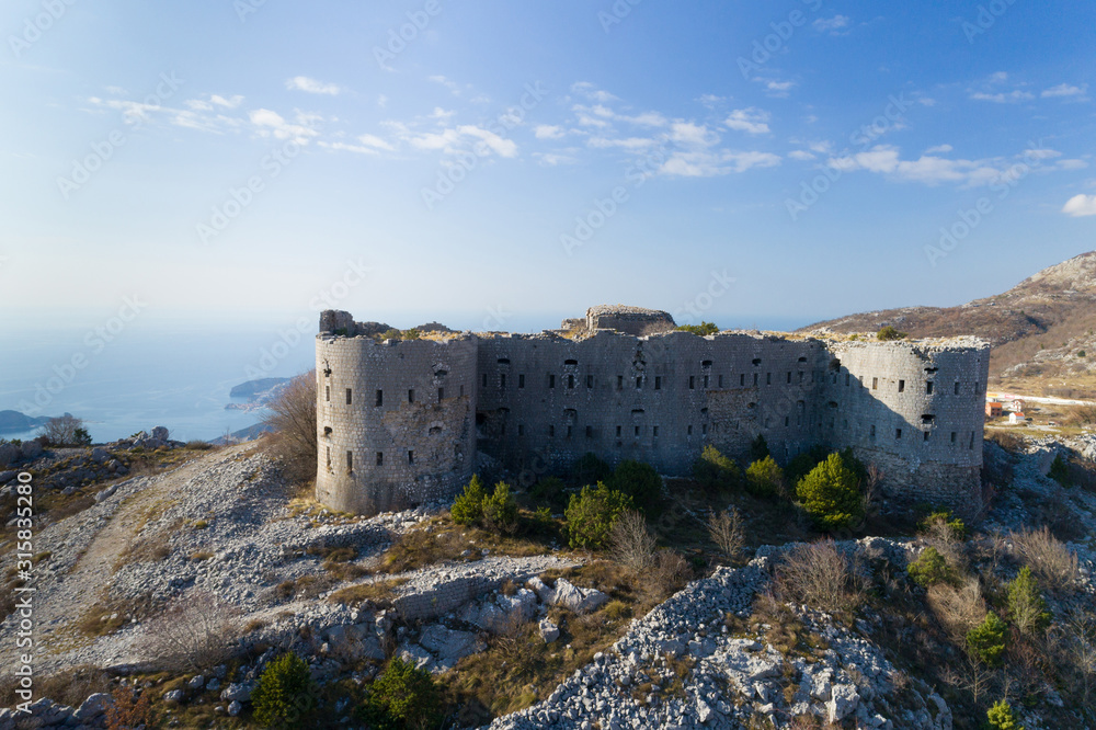 aerial view of Kosmac Fortress located on the Budva-Cetinje road, Montenegro.