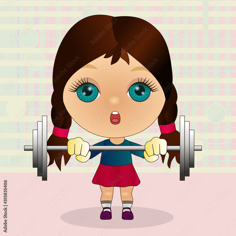 Emoticon with a cool girl weightlifter that stands and raises the barbell, color vector emoji on