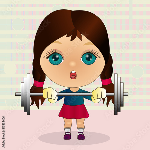 Emoticon with a cool girl weightlifter that stands and raises the barbell, color vector emoji on checkered background