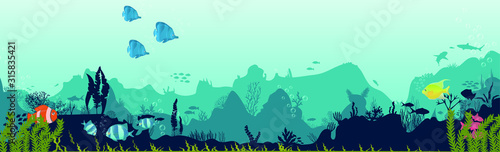 Silhouette of fish and algae on a reef background. Underwater scene of the ocean. Deep blue water, coral reef and underwater plants. beautiful underwater scene  vector landscape with a reef.  © Евгений Соловьев