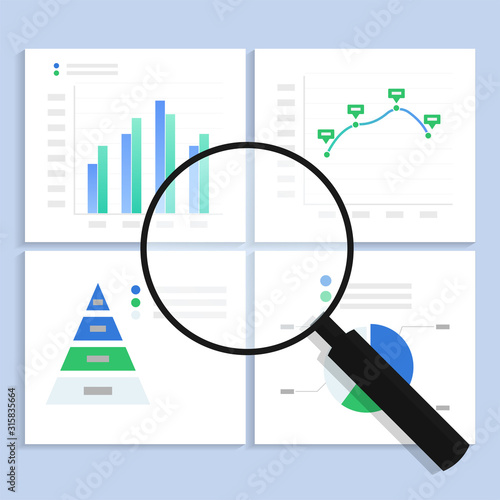 Research data analysis graph concept. predictive analyses to promote the strategic goals with magnifying glass and charts. vector illustration