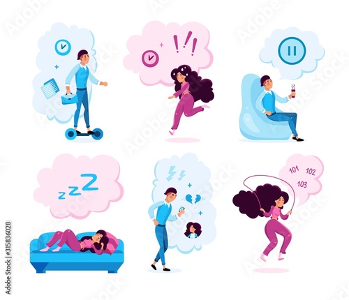 Young Woman and Man Daily Activities Types Trendy Flat Vector Characters Set. Lady Hurrying in Business, Jumping on Rope, Sleeping, Guy Riding Hoverboard, Calling Girlfriend Isolated Illustration