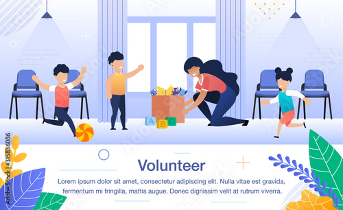 Educational Volunteering, Kindergarten Teaching Assistant Volunteer Work Trendy Flat Vector Banner, Poster Template. Female Volunteer, Pedagog, Teacher Playing with Children in Classroom Illustration