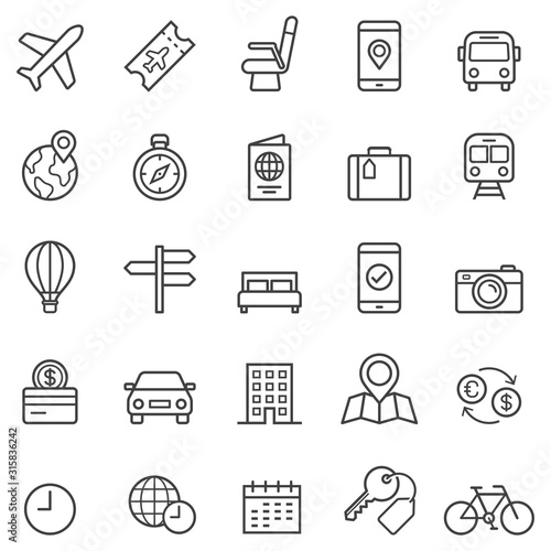 Travel booking line icons. Vector illustrations.