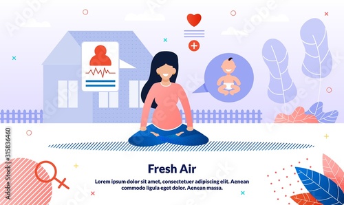 Healthy Lifestyle During Pregnancy Trendy Flat Vector Banner, Poster Template. Pregnant Woman Mediating in Lotus Pose, Lady Practicing Yoga, Future Mother Doing Physical Exercises Outdoor Illustration