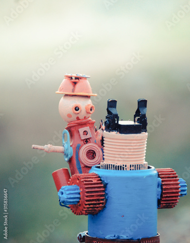 Assemblage robot sculptures mom and son