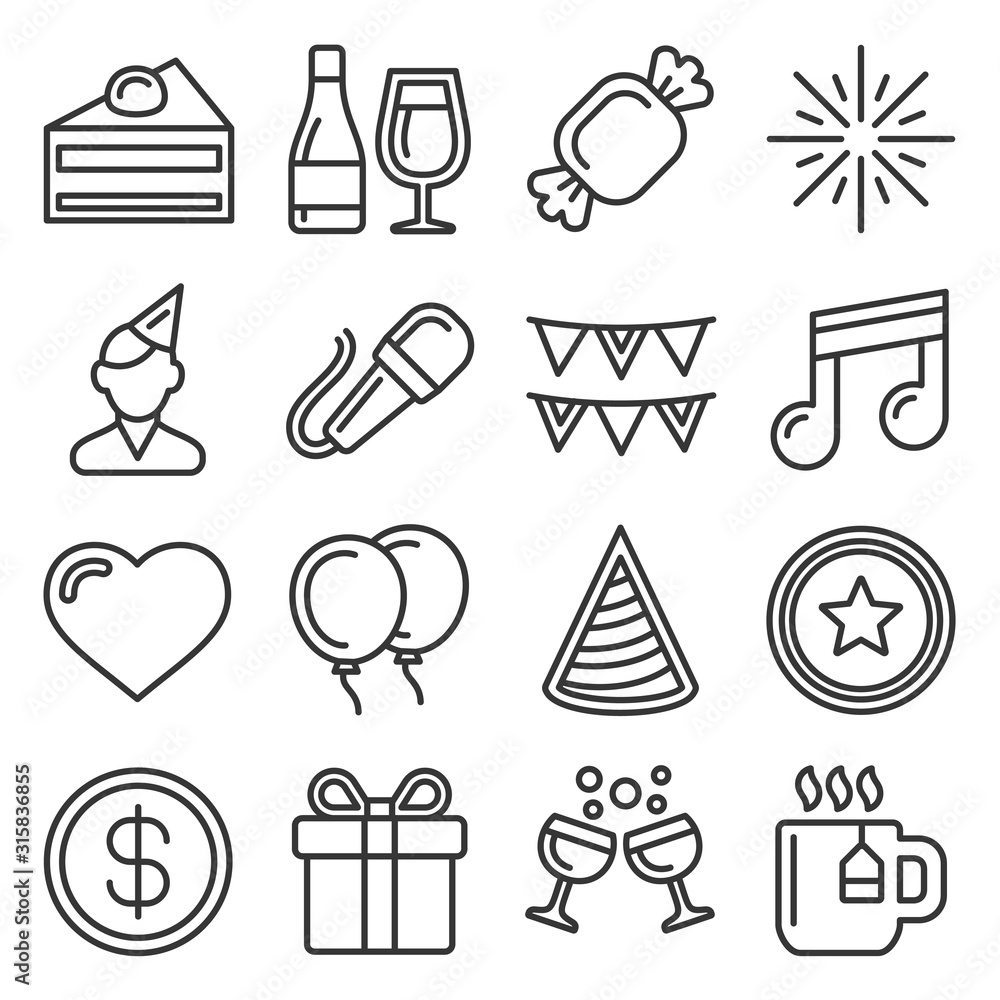 Fototapeta premium Party and Celebration Icons Set on White Background. Line Style Vector