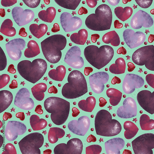 seamless pattern with bright hearts on mint background photo