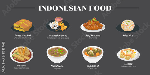 sweet martabak,indonesian satay,beef rendang,fried rice,pempek,nasi rawon,sop buntut,siomay indonesian food vector set collection graphic design