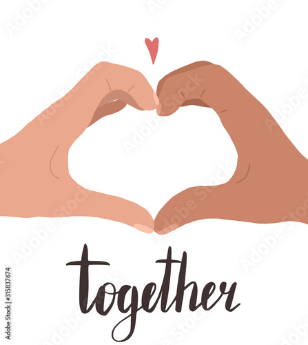 Together. Hand drawn flat illustration of two hands with a heart shape and lettering. Pair of man and woman. Love couple. Card for Valentines Day. Vector greeting card for your creativity